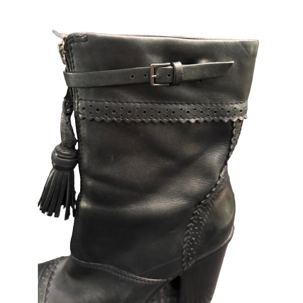 Tory Burch Black Leather Huxley Tassel Ankle Boots Block Heel Women Size 8